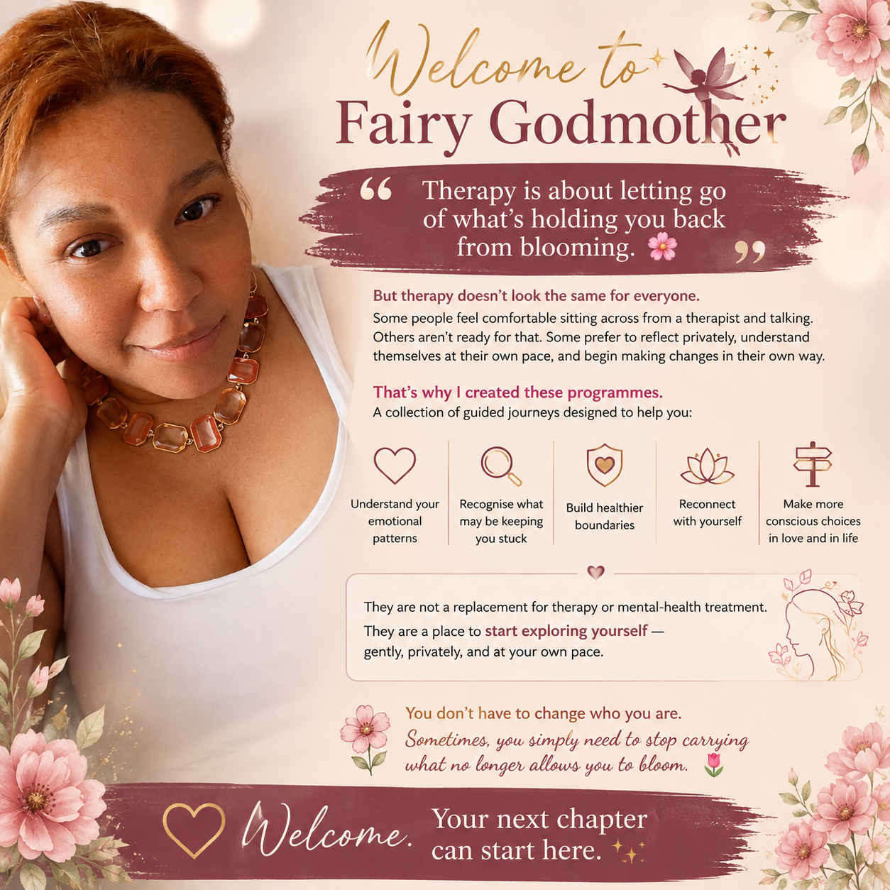 A warm, elegant therapy-informed space with plum and gold accents, representing the Fairy Godmother welcome