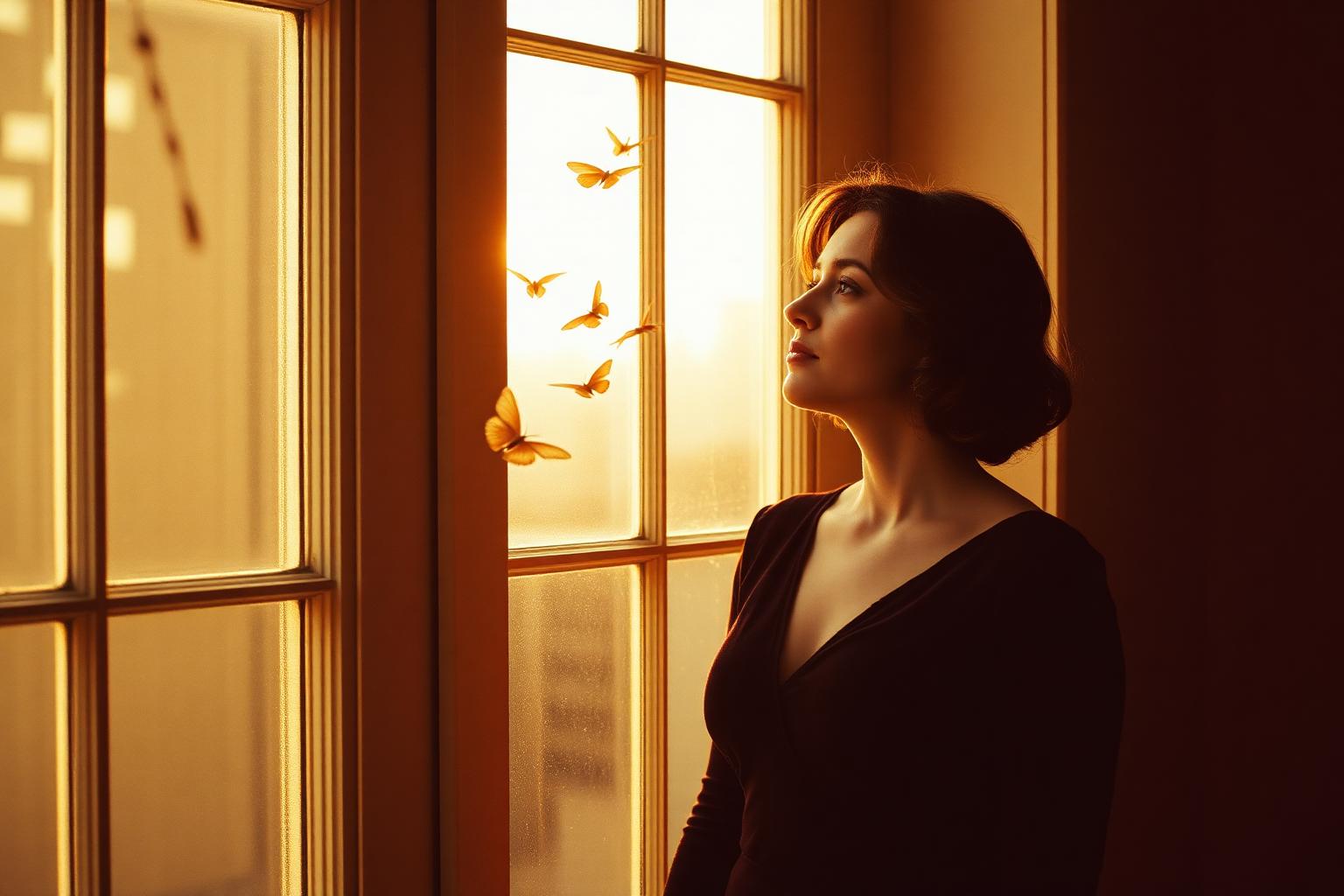 A woman by a tall window in warm golden light, watching delicate golden butterflies drift through the air, calm and thoughtful