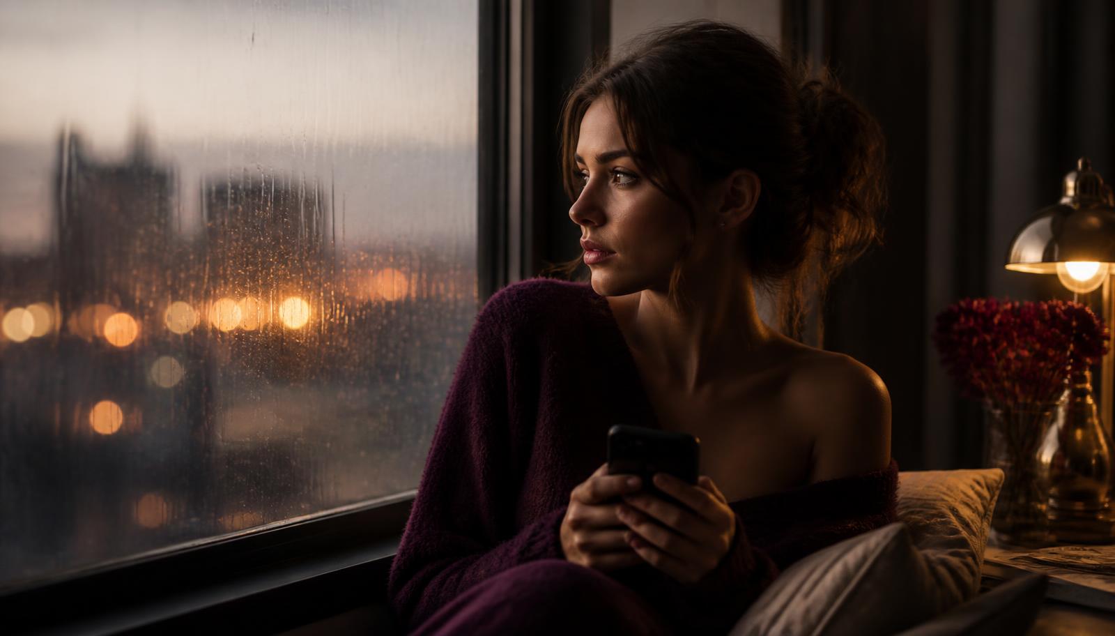 A woman by a rain-streaked window at dusk, phone in hand, city lights blurred outside, evoking longing and emotional uncertainty