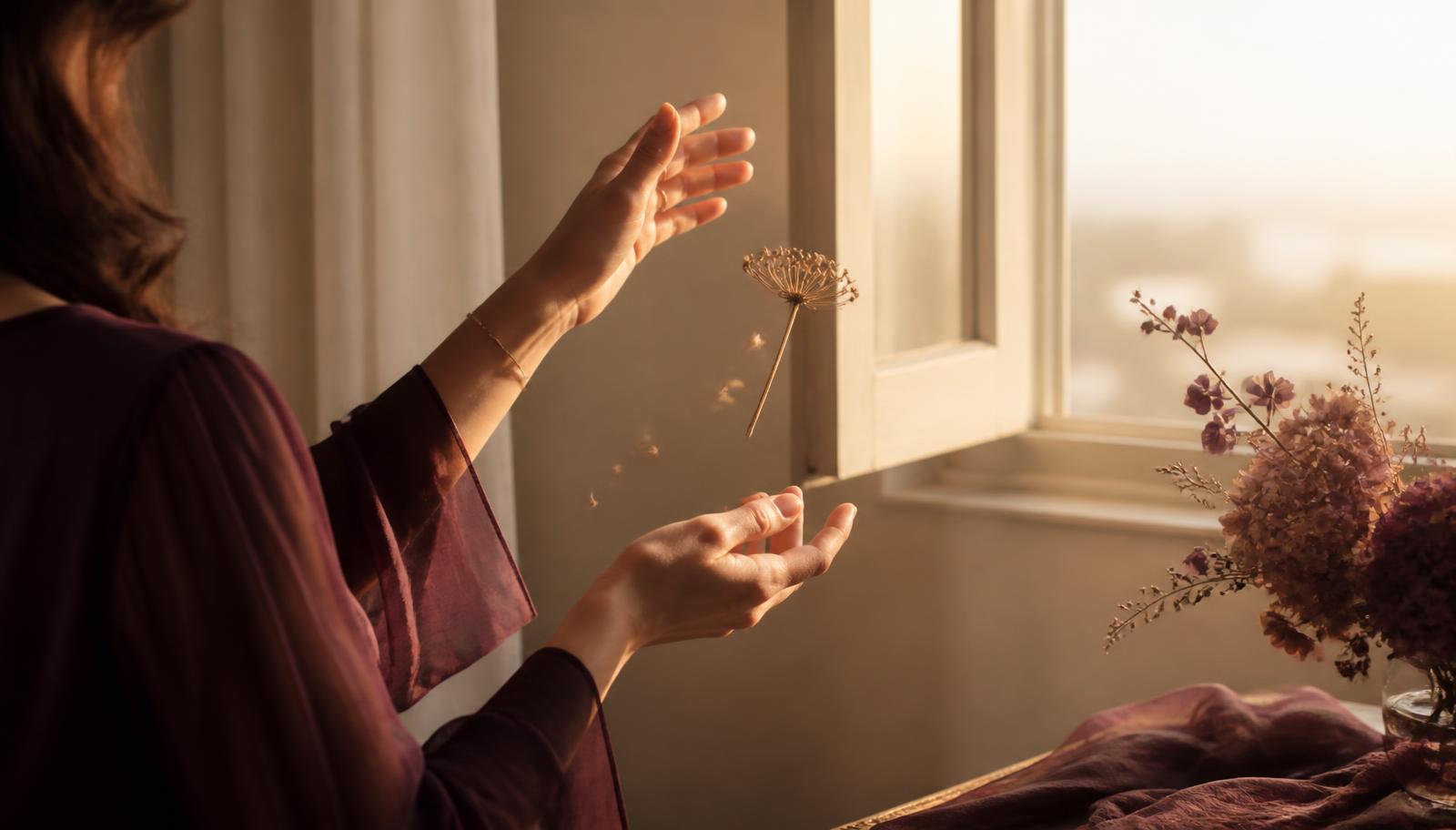 A woman in plum silk releasing a dried seed head toward warm window light, symbolising freedom after divorce