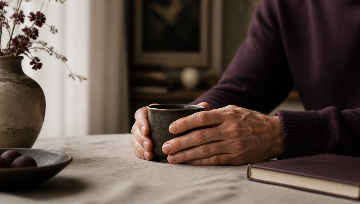 A man's hands wrapped around a dark ceramic mug, a moment of quiet reflection