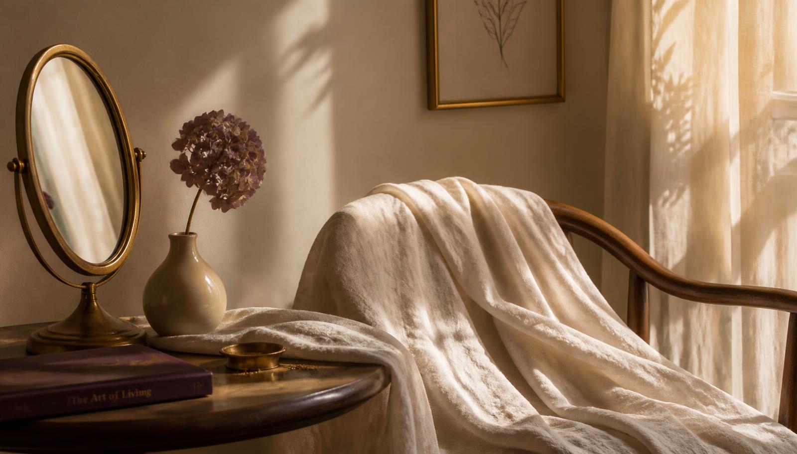 A quiet, sunlit interior with a vintage mirror, soft cream linen and a dried hydrangea, evoking gentle self-reflection
