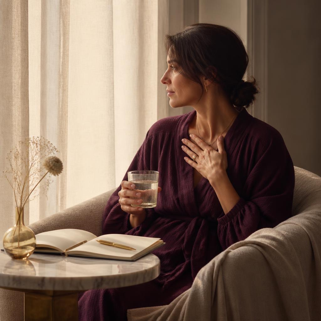 A woman in a plum dress sitting quietly by a window with a notebook, a gold pen and a glass of water in soft morning light