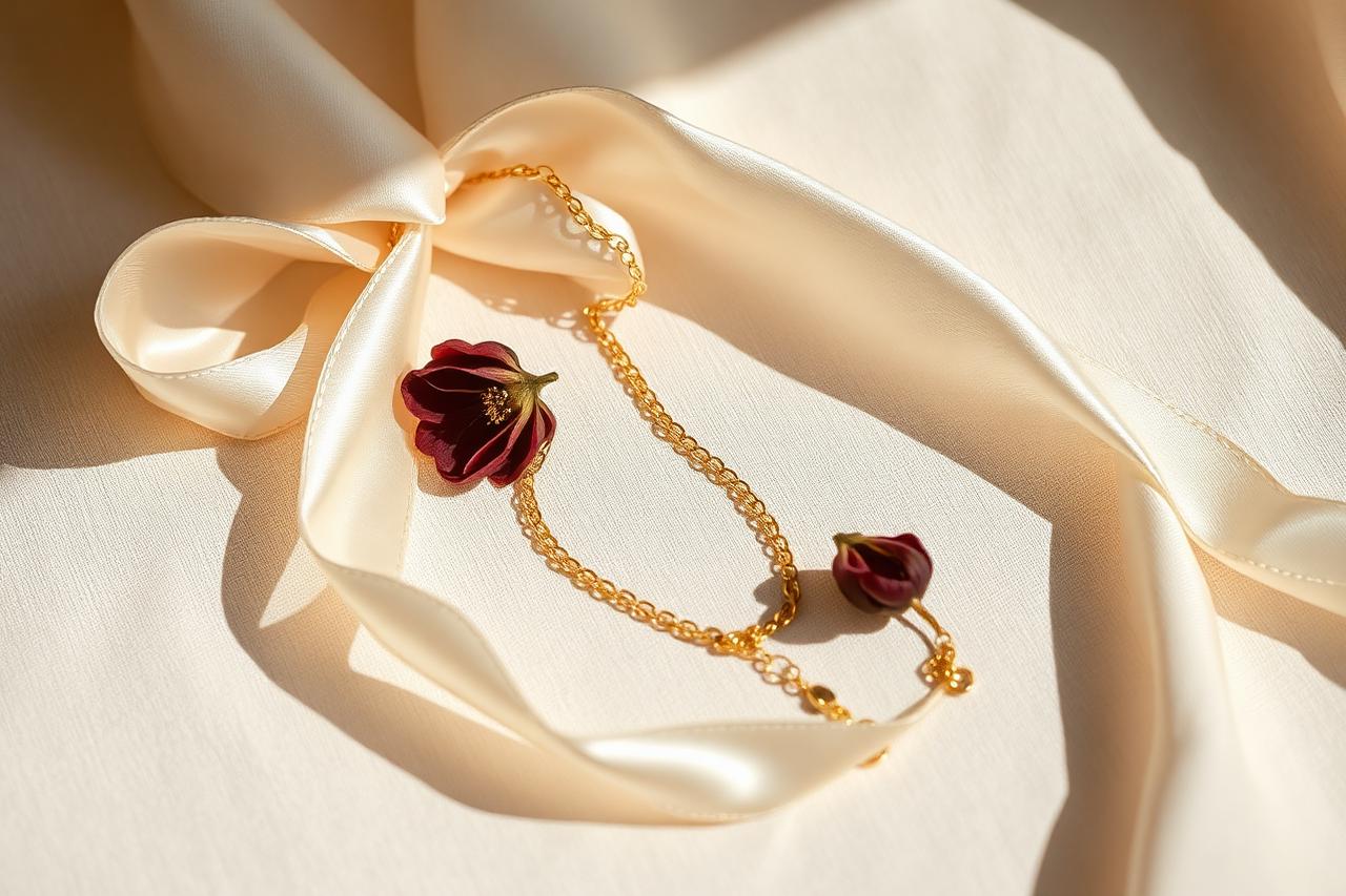 A fine gold chain loosening from an ivory silk ribbon beside a dried plum-coloured flower, symbolising emotional freedom