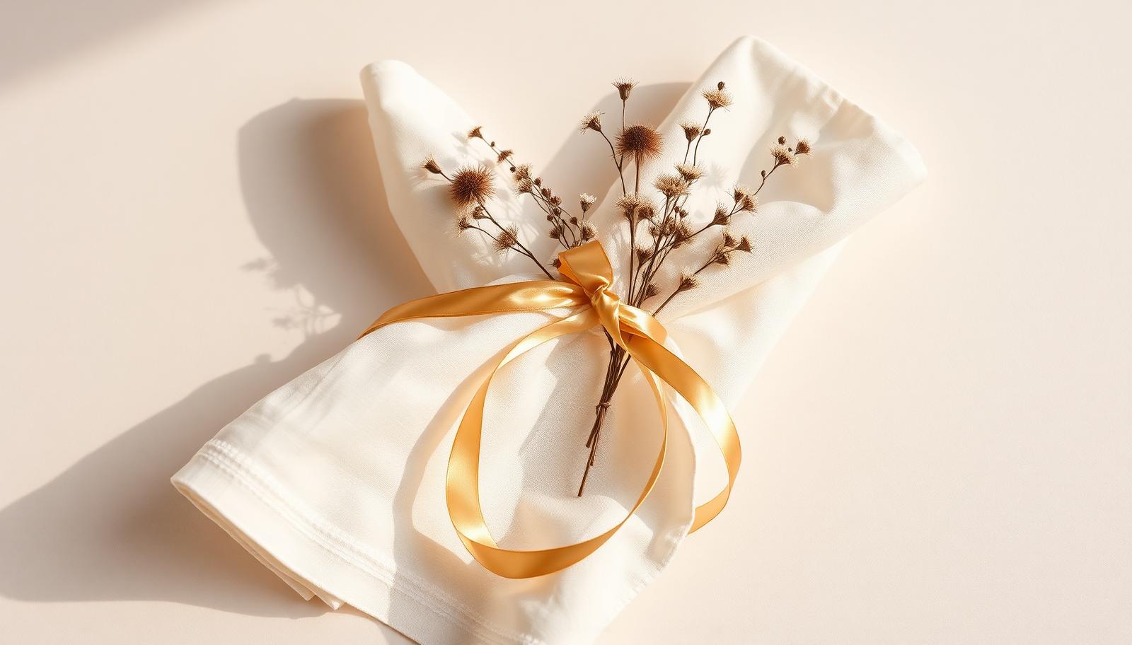Two ivory linen cloths tied together with a gold silk ribbon and dried flowers in soft light