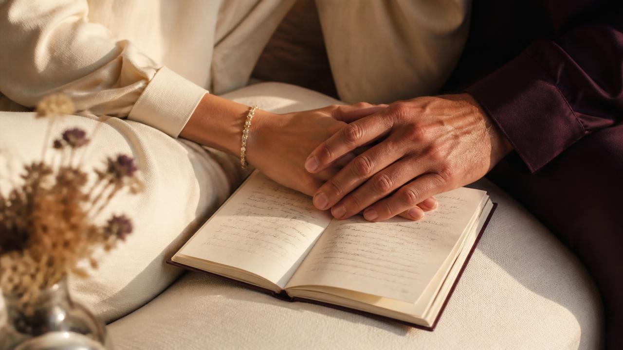 Two hands resting gently together over an open notebook on cream linen, soft golden light