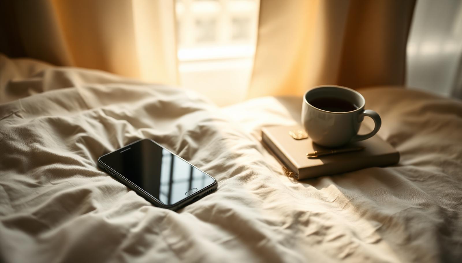 A phone resting on ivory bedsheets beside a notebook and a cup of tea in soft morning light