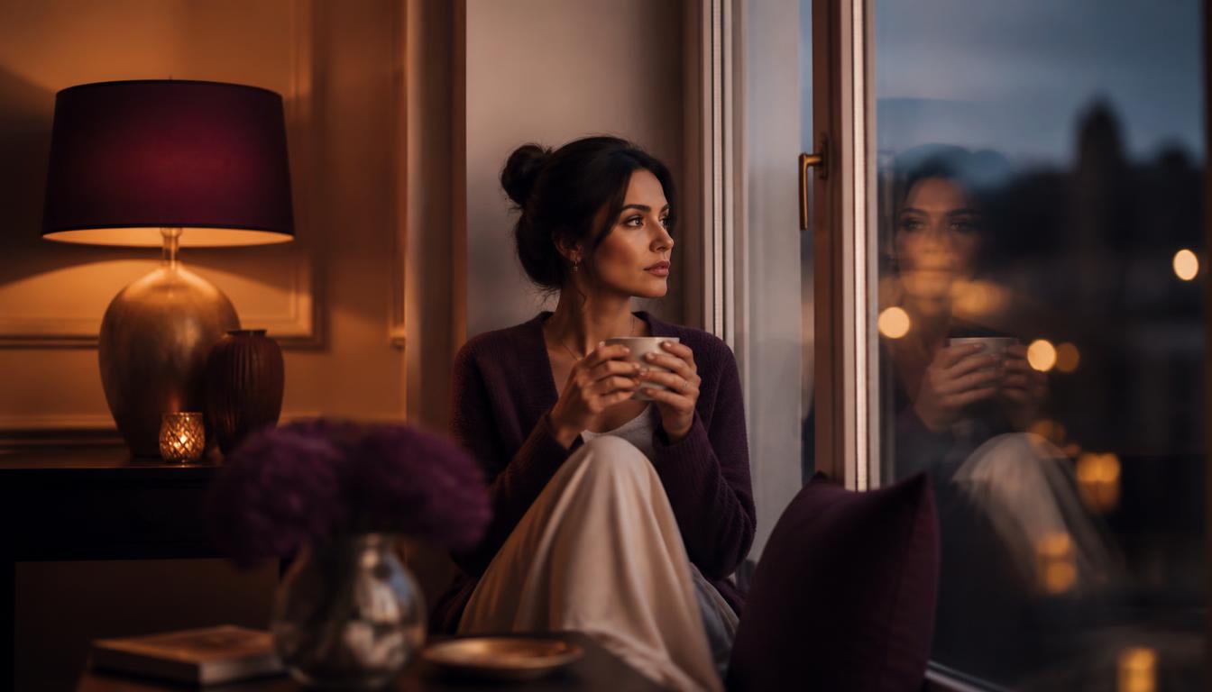 A woman sitting quietly by a window at dusk, holding a cup of tea, her reflection visible in the glass