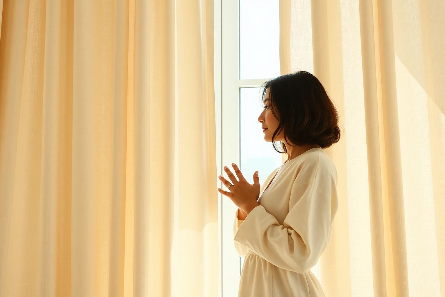 A woman standing calmly by a tall window with ivory curtains, one hand over her heart, the other open in a quiet gesture of self-possession