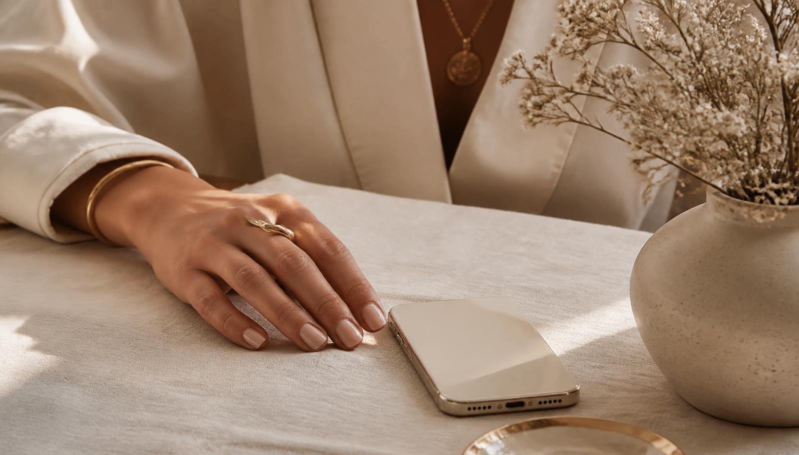 A woman's hand resting beside a face-down phone on cream linen, choosing not to reply