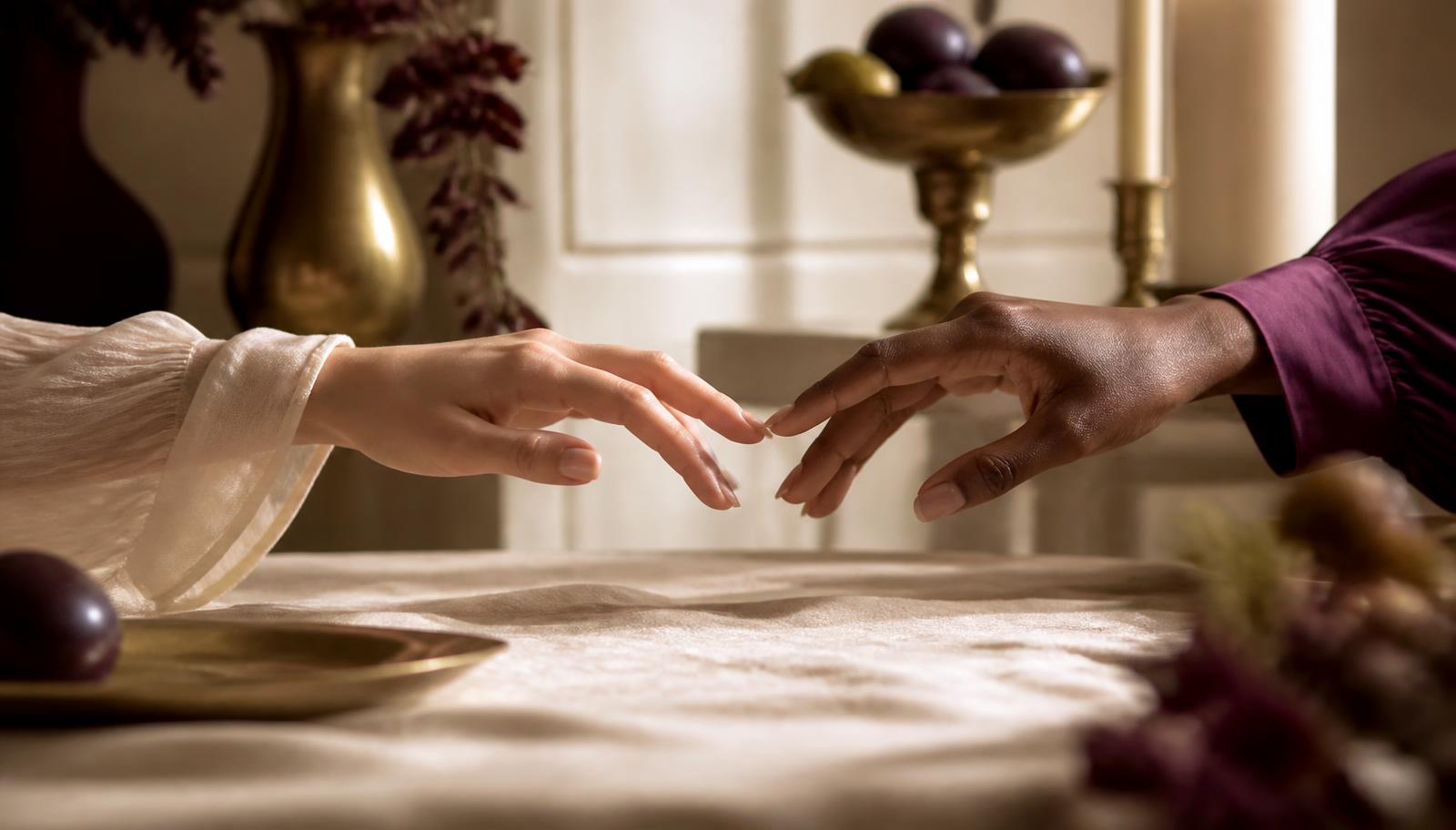 Two hands reaching towards each other across a cream linen table, meeting halfway