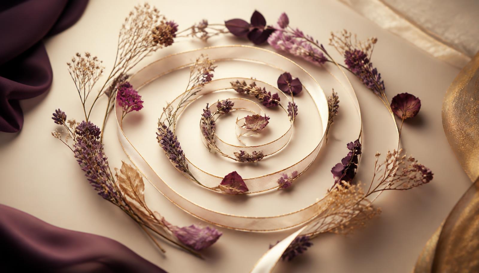 A delicate spiral of cream ribbon and dried flowers in plum and gold tones, symbolising a relationship pattern being untangled