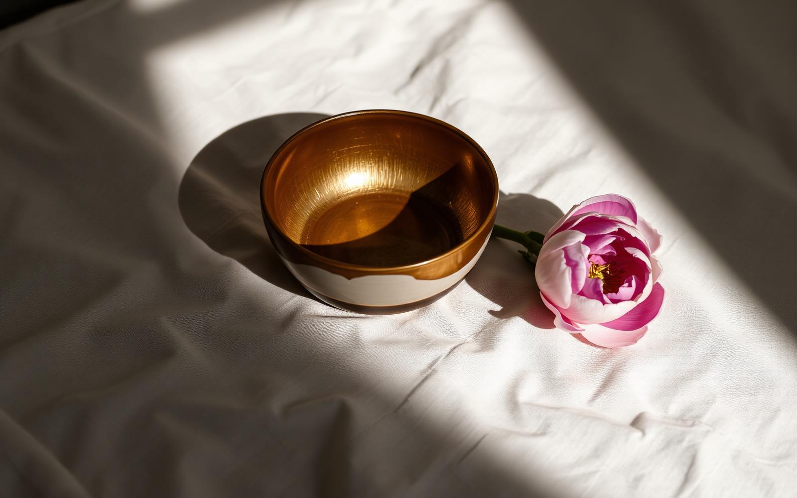 A gold-repaired ceramic bowl in morning light beside a single flower on ivory linen