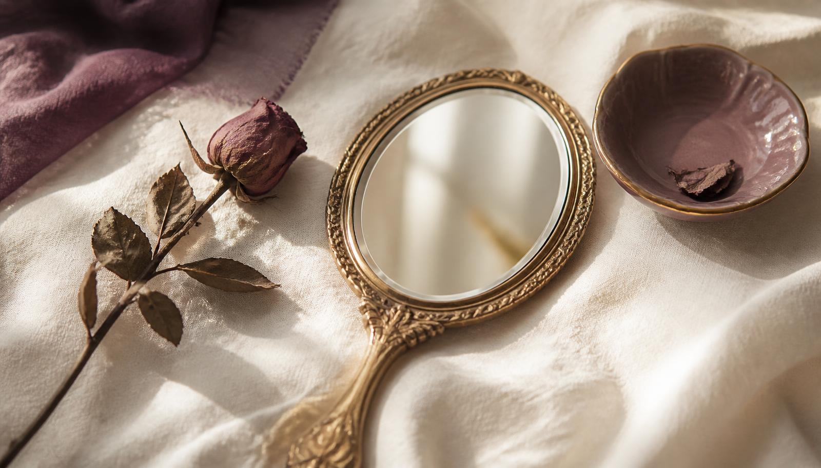 An antique gold hand mirror and a dried rose resting on ivory linen in soft morning light