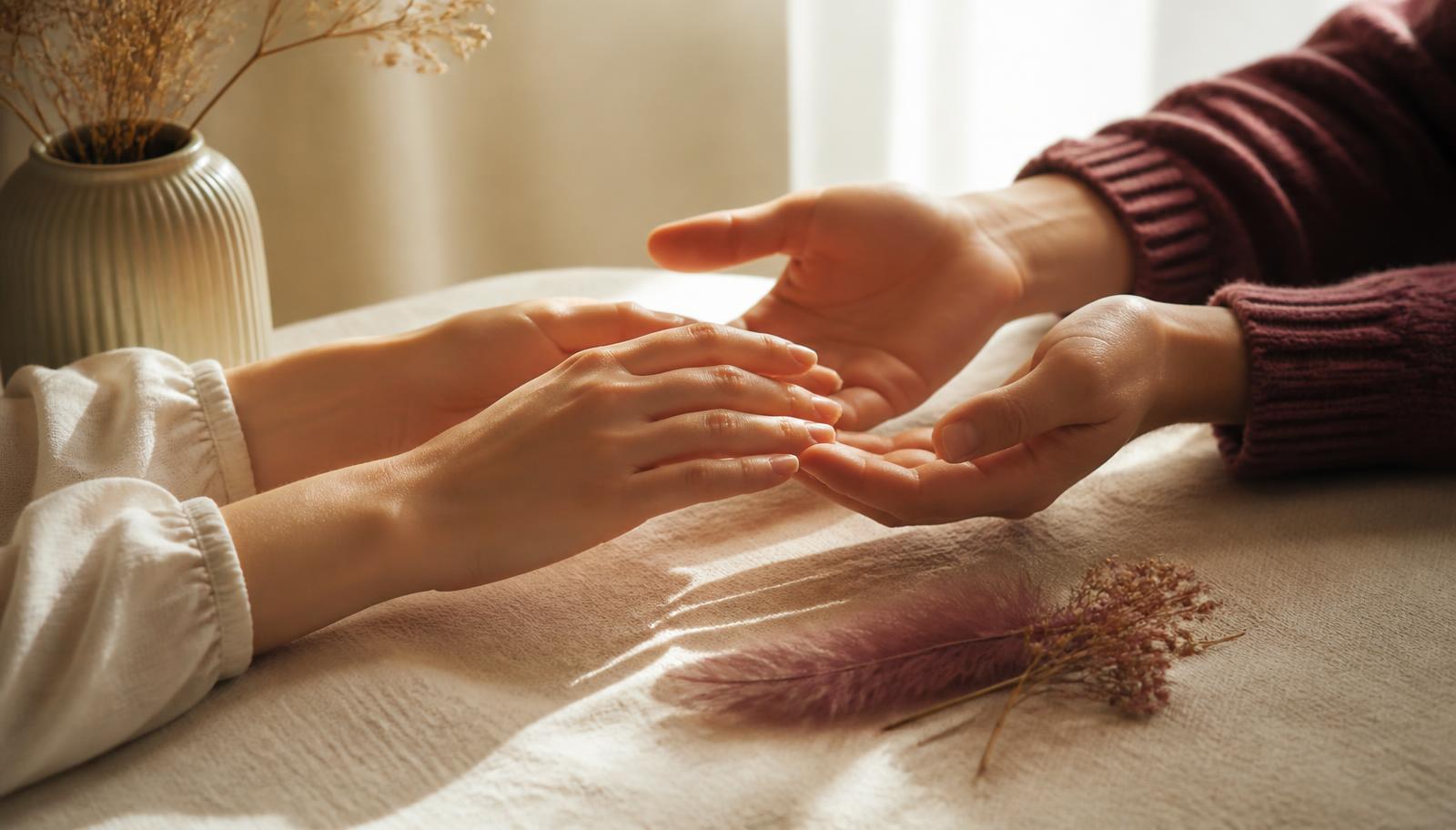 Two pairs of hands reaching gently toward each other across soft cream linen, symbolising family support during transition